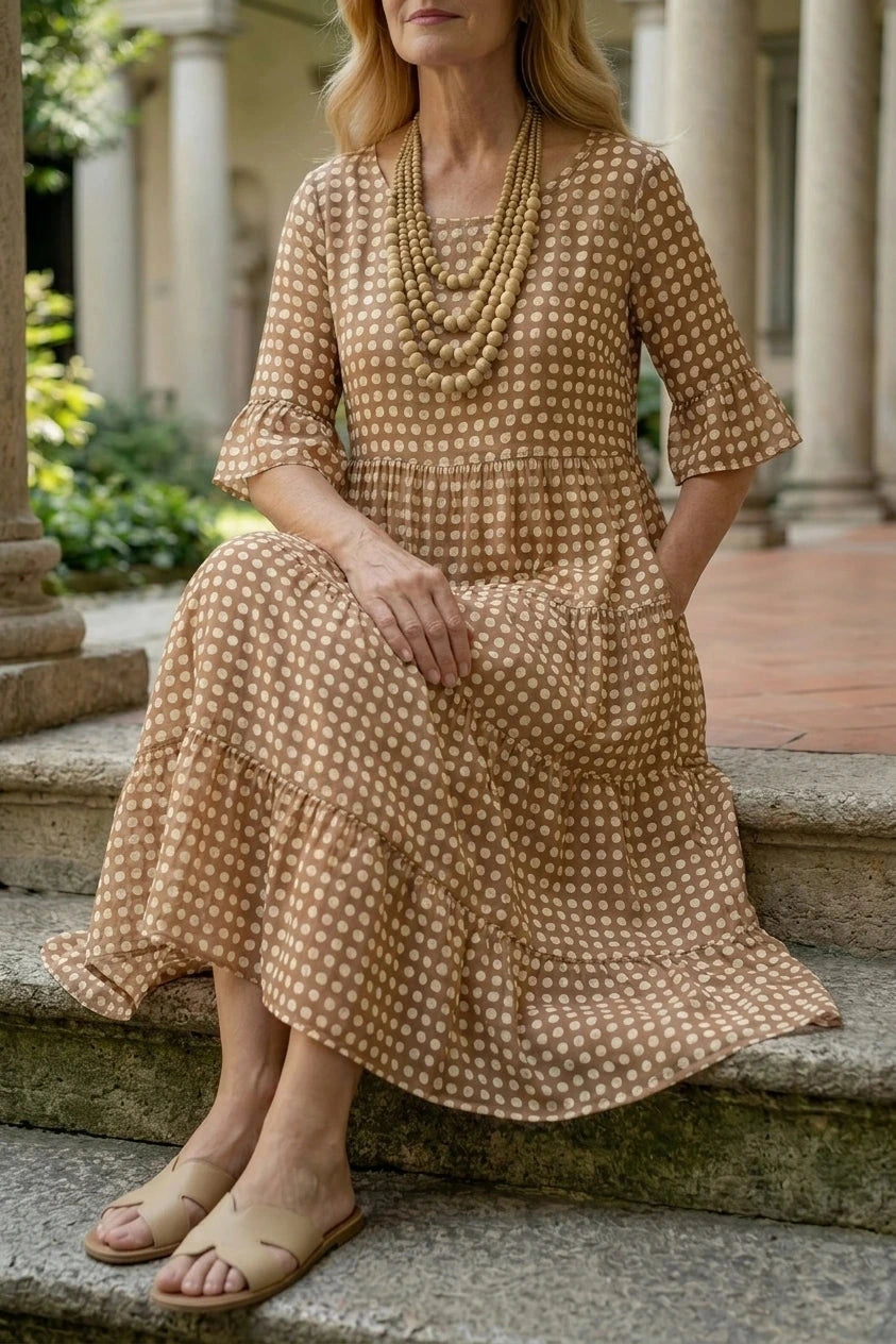 Polka Dot Tiered Midi Dress With Short Ruffle Sleeves And Square Neck