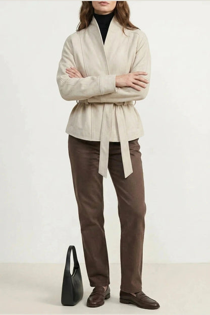 Cropped Double-Breasted Wool Jacket With Belted Waist And High Collar