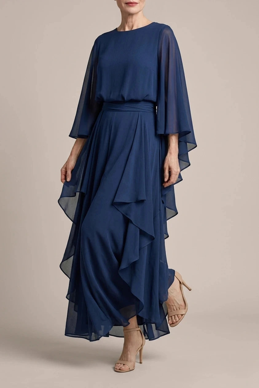 Layered Sleeve Drape Waist Midi Dress With Ruffle Side Panels