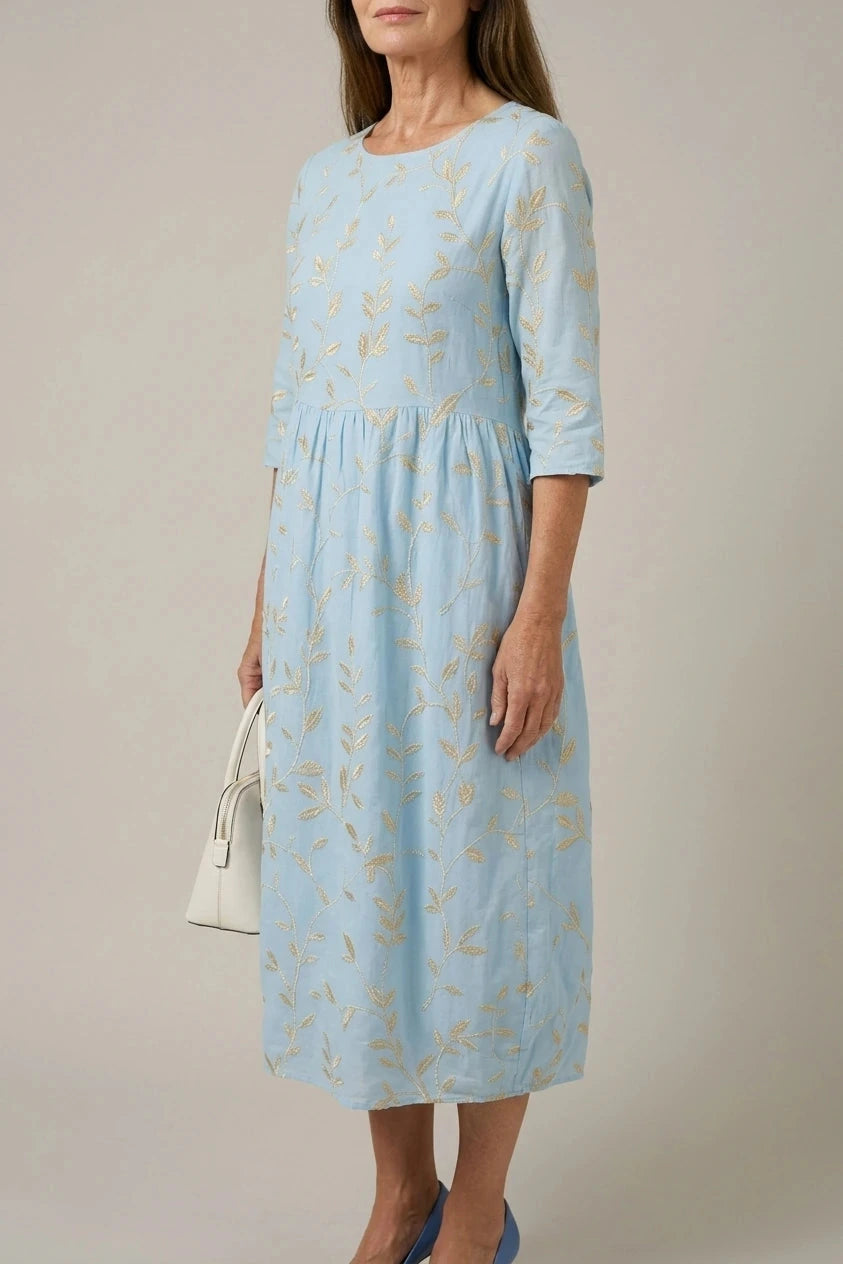 Shoreline Garden Dress, Embroidered Midi Dress With Round Neck And 3/4 Sleeves