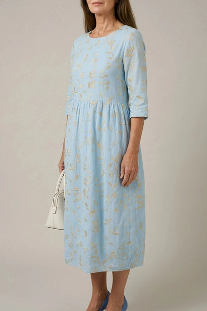 Shoreline Garden Dress, Embroidered Midi Dress With Round Neck And 3/4 Sleeves