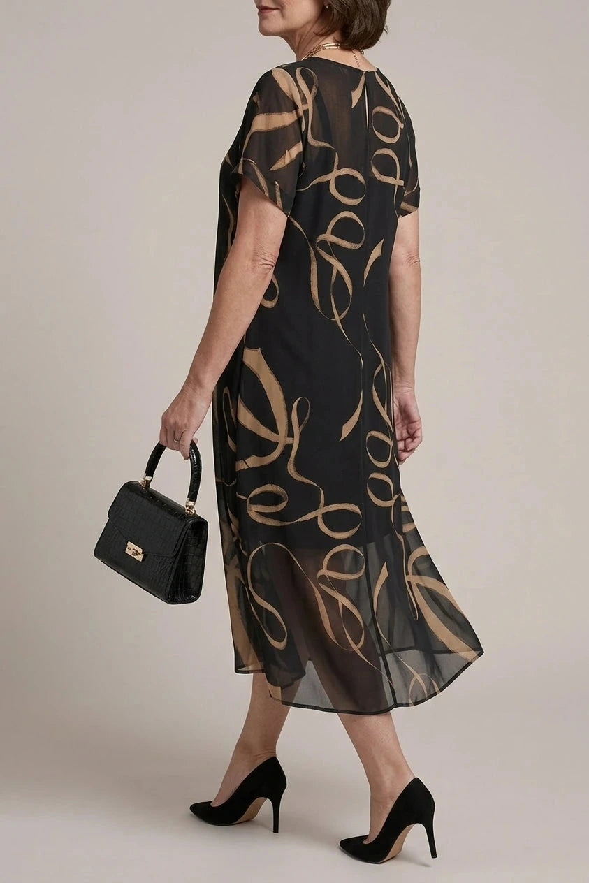 V Neck Short Sleeve Midi Dress With Abstract Print