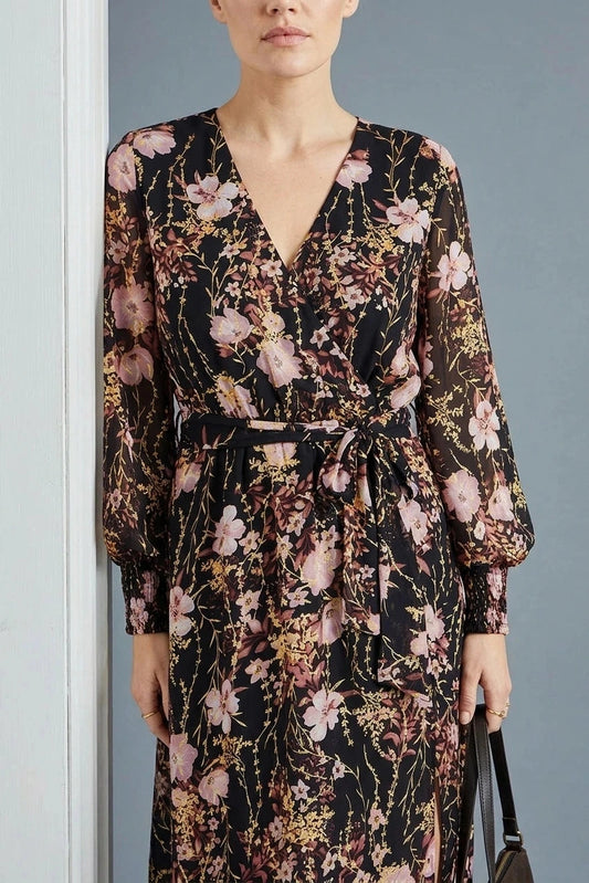 Foiled Floral Print Wrap Midi Dress With Belted Waist And Long Sleeves