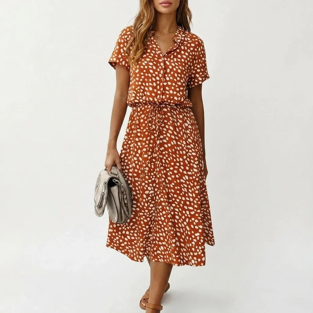 Women's Midi Dress with Button Front and Drawstring Waist — variant_front