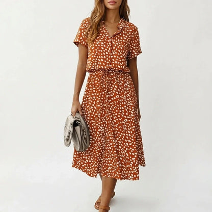 Women's Midi Dress with Button Front and Drawstring Waist — variant_front