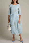 Shoreline Garden Dress, Embroidered Midi Dress With Round Neck And 3/4 Sleeves