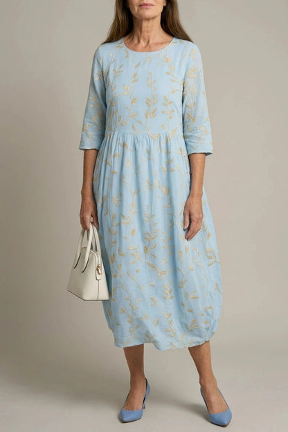 Shoreline Garden Dress, Embroidered Midi Dress With Round Neck And 3/4 Sleeves