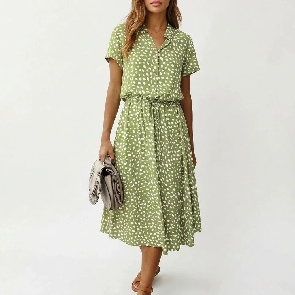 Women's Midi Dress with Button Front and Drawstring Waist — variant_front