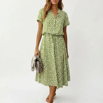 Women's Midi Dress with Button Front and Drawstring Waist — variant_front