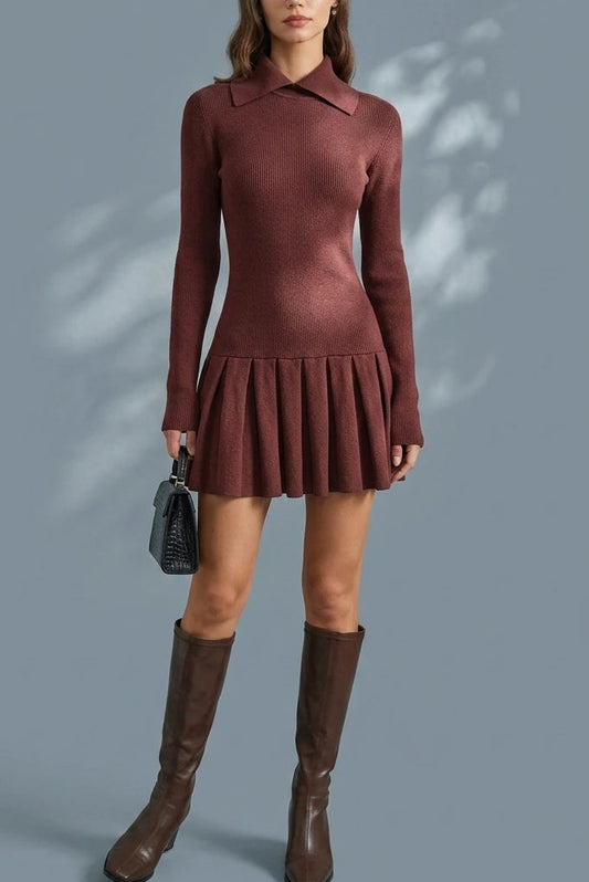 Coffee A-Line Pleated Sweater Dress — variant_front