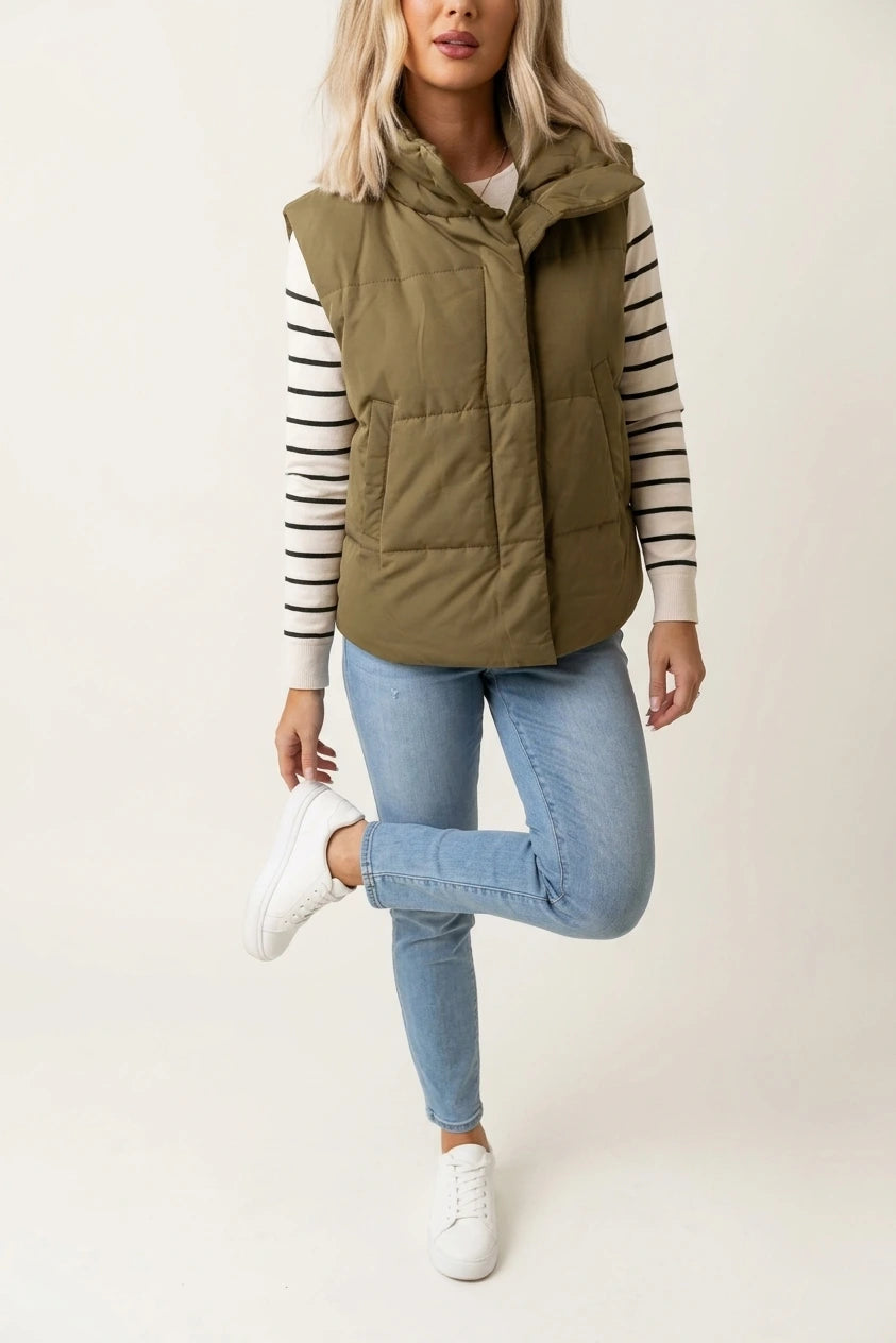 Quilted Puffer Gilet with Stand Collar and Side Pockets — variant_front