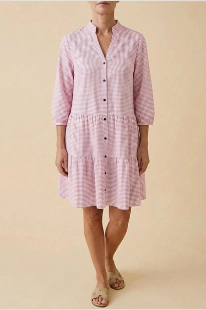 Button Front Gingham Tiered Dress With V Neck And Three-Quarter Sleeves