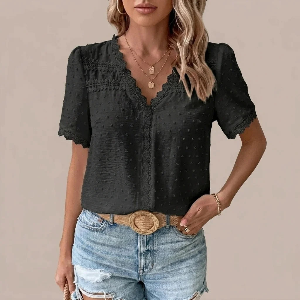 Bohemian Lace Trim Blouse with Swiss Dot Texture and V-Neckline — variant_front