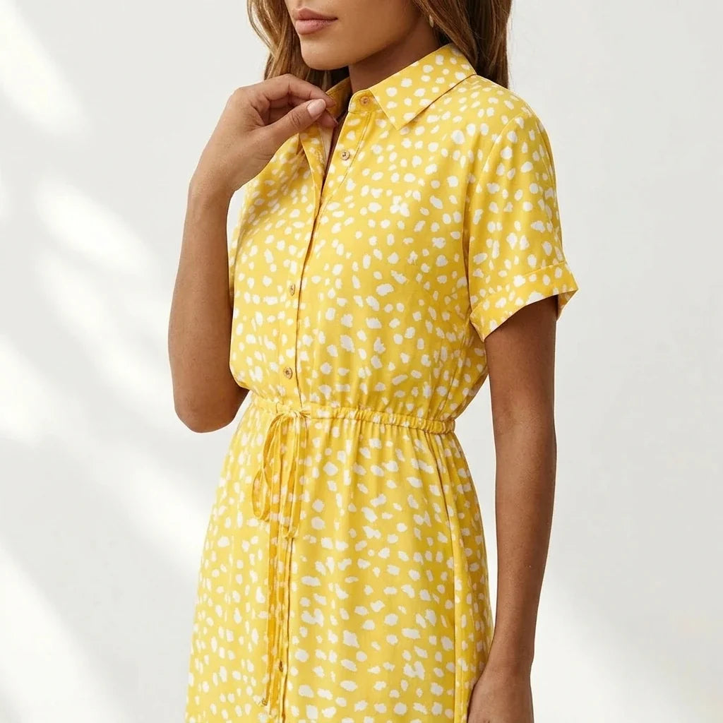 Women's Midi Dress with Button Front and Drawstring Waist — variant_front