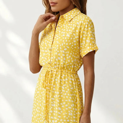 Women's Midi Dress with Button Front and Drawstring Waist — variant_front