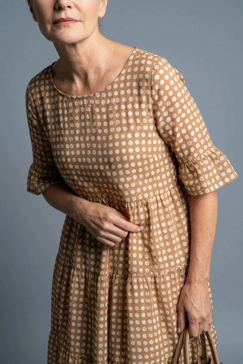 Polka Dot Tiered Midi Dress With Short Ruffle Sleeves And Square Neck