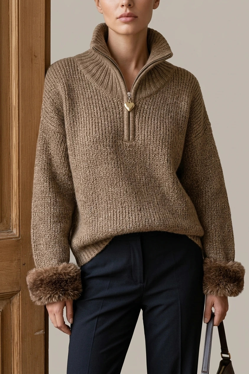 Cozy Half Zip Chunky Knit Sweater with Fur Cuffs — variant_front