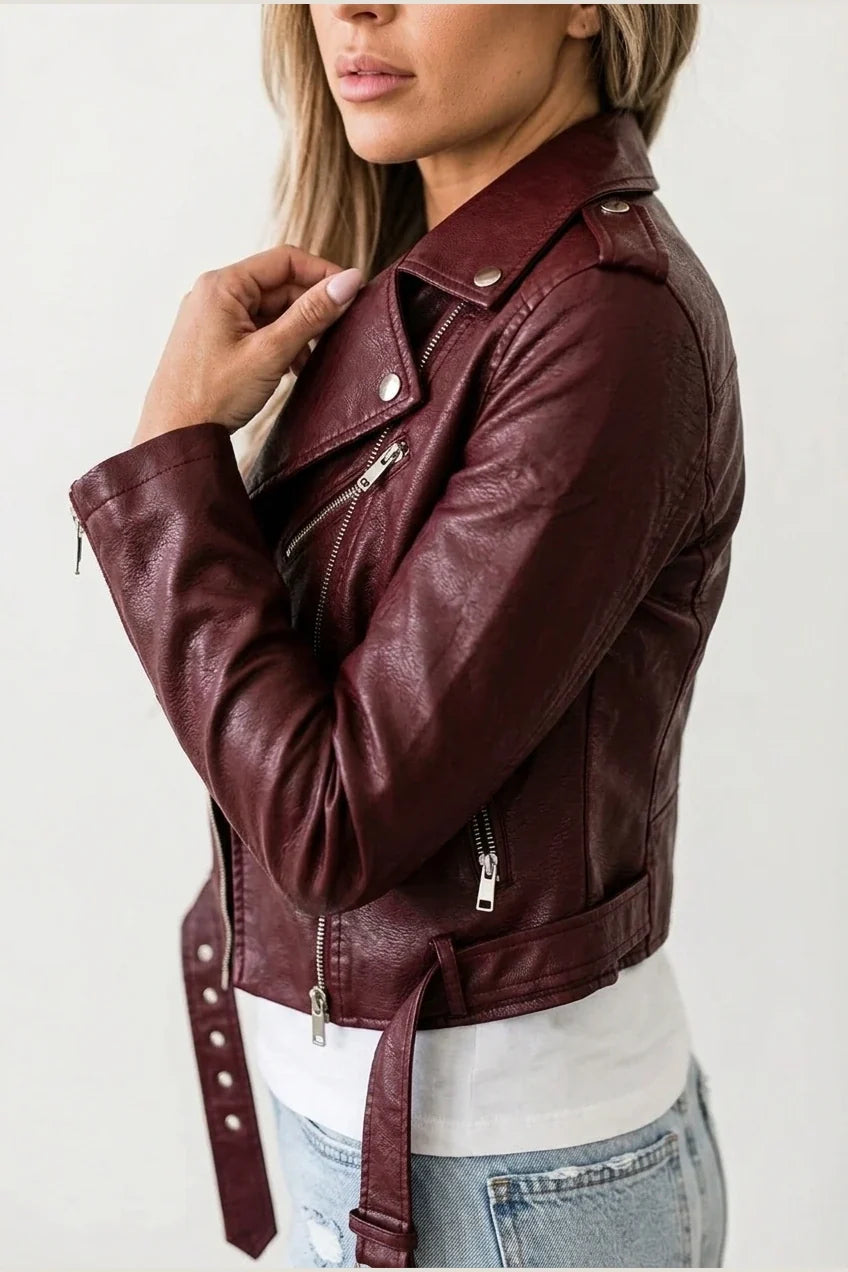 Black Faux Leather Biker Jacket with Asymmetric Zip and Belt — variant_front