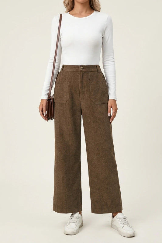 Retro High Waist Wide Leg Corduroy Trousers with Front Pockets — variant_front