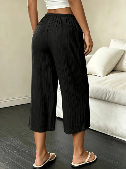 Beach Vacation Style Summer Women's Straight-Leg Trousers, Solid Color Drawstring Casual Summer Capri Pants for Women