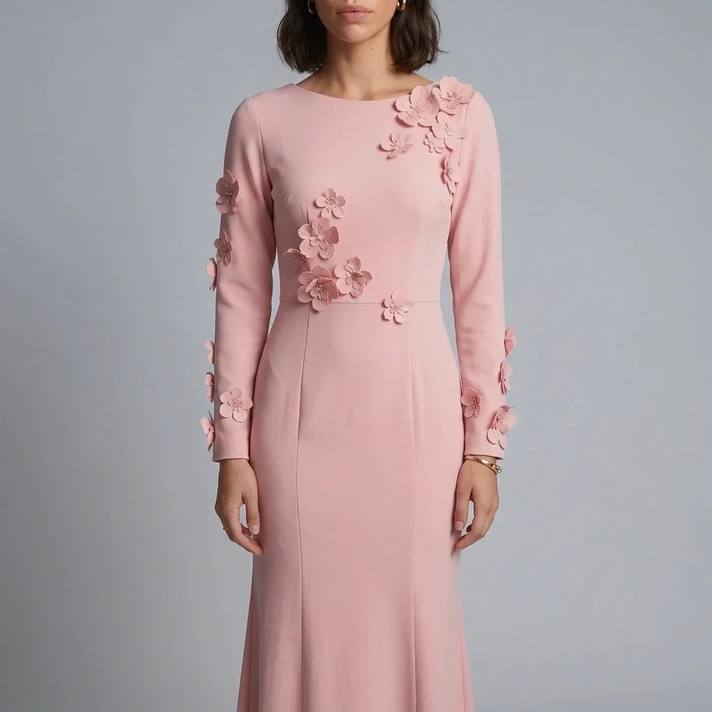 3D Floral Appliqué Long Sleeve Maxi Dress – Pink Wedding Guest Dress for Women — variant_front