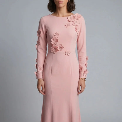 3D Floral Appliqué Long Sleeve Maxi Dress – Pink Wedding Guest Dress for Women — variant_front