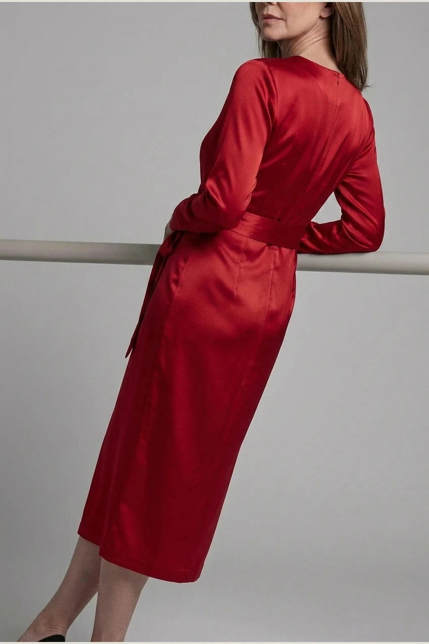 Satin Wrap Midi Dress With V-Neck Tie Waist And Long Sleeves