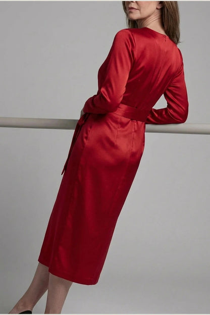 Satin Wrap Midi Dress With V-Neck Tie Waist And Long Sleeves