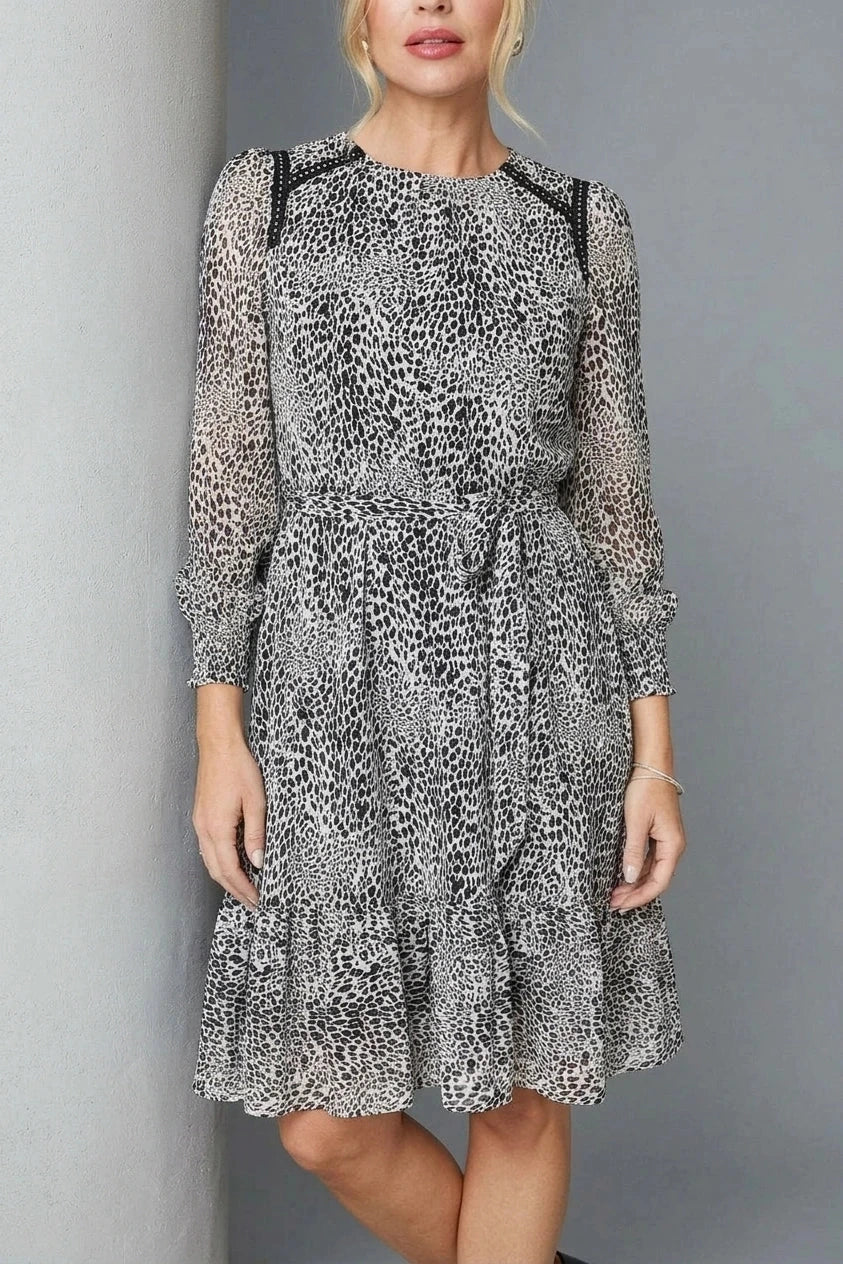 Animal Print Long Sleeve Dress Tie Waist Midi With Sheer Sleeve Ruffle Hem