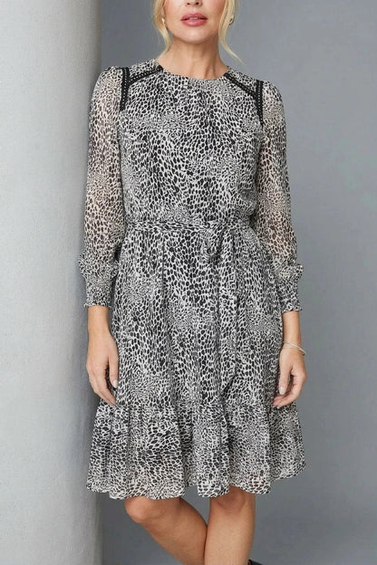 Animal Print Long Sleeve Dress Tie Waist Midi With Sheer Sleeve Ruffle Hem