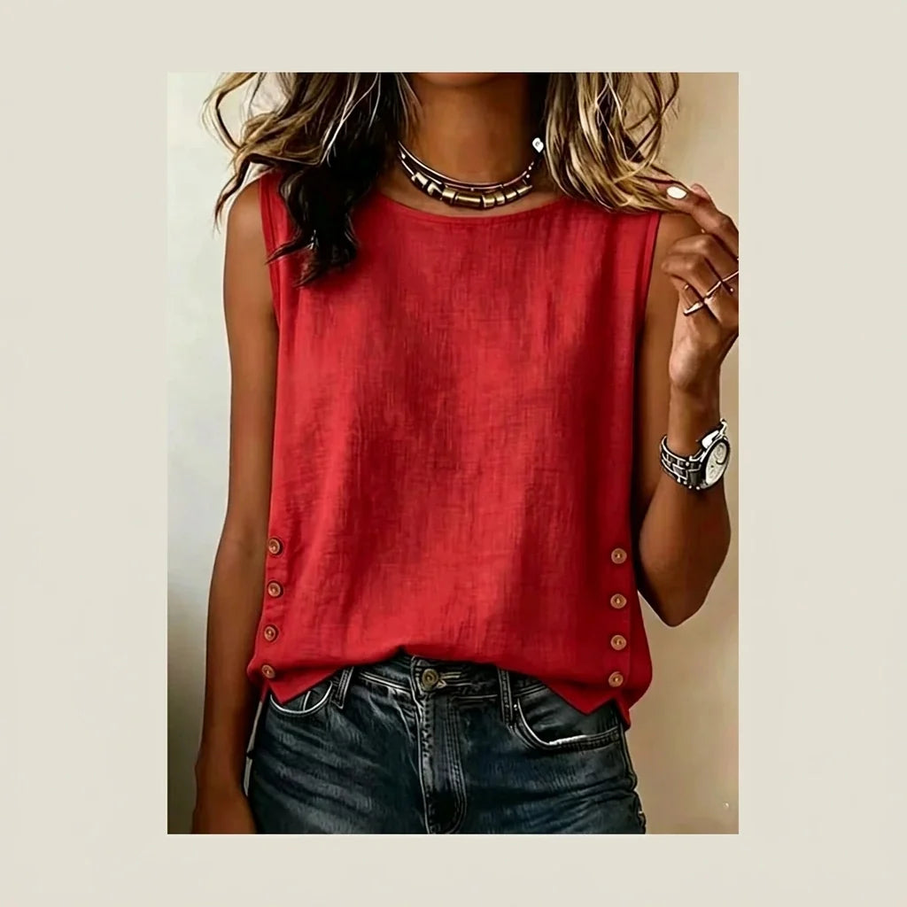 Casual Linen Tank Top with Button Side Detail — variant_front
