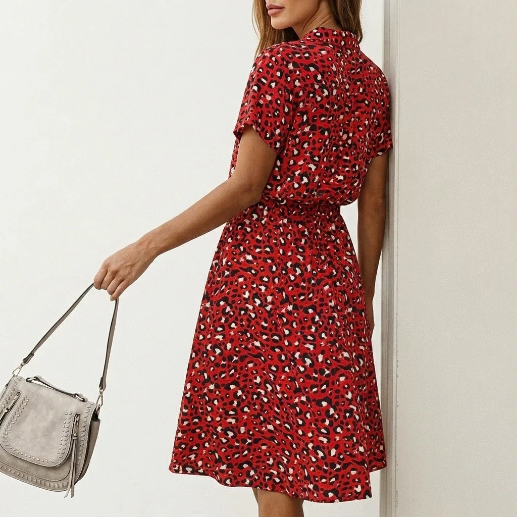 Women's Midi Dress with Button Front and Drawstring Waist — variant_front