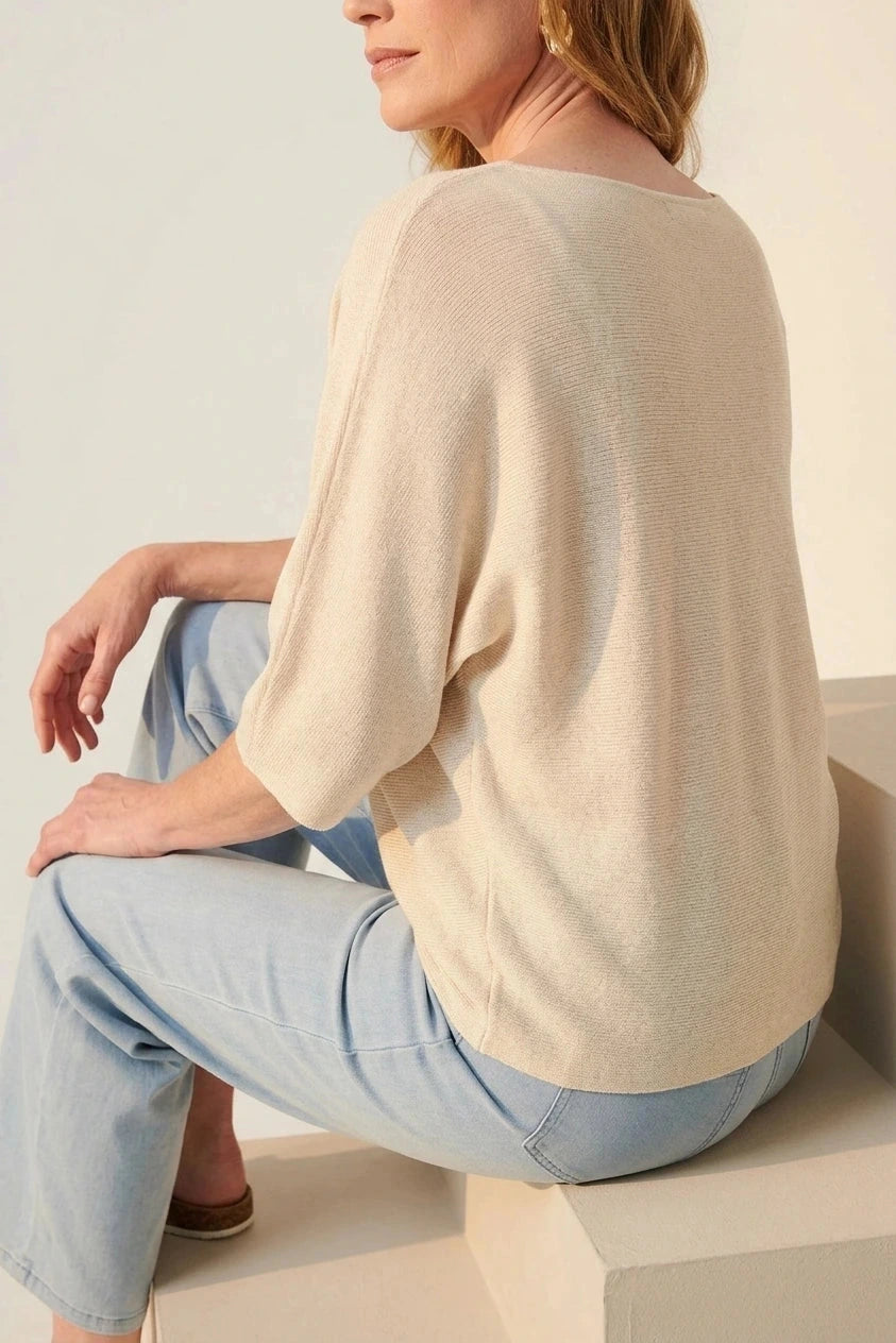 3/4 Sleeve Boxy Boat Neck Knit Top Lightweight Pullover