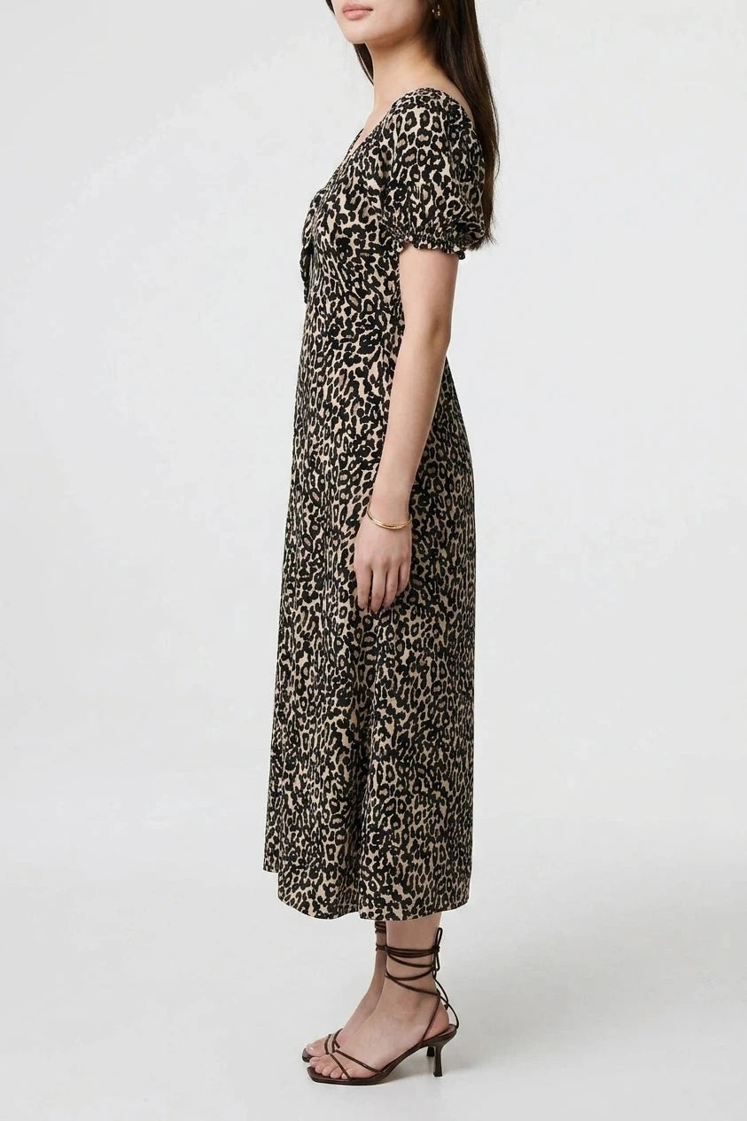 Animal Print Short Puff Sleeve Maxi Dress With V Neck And Pockets