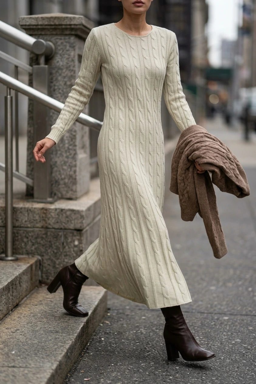 Women's Cable Knit Maxi Dress with Long Sleeves — variant_front