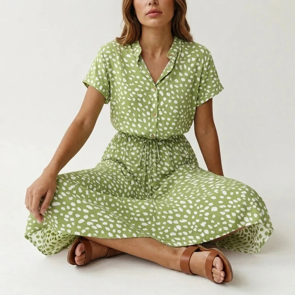 Women's Midi Dress with Button Front and Drawstring Waist — variant_front