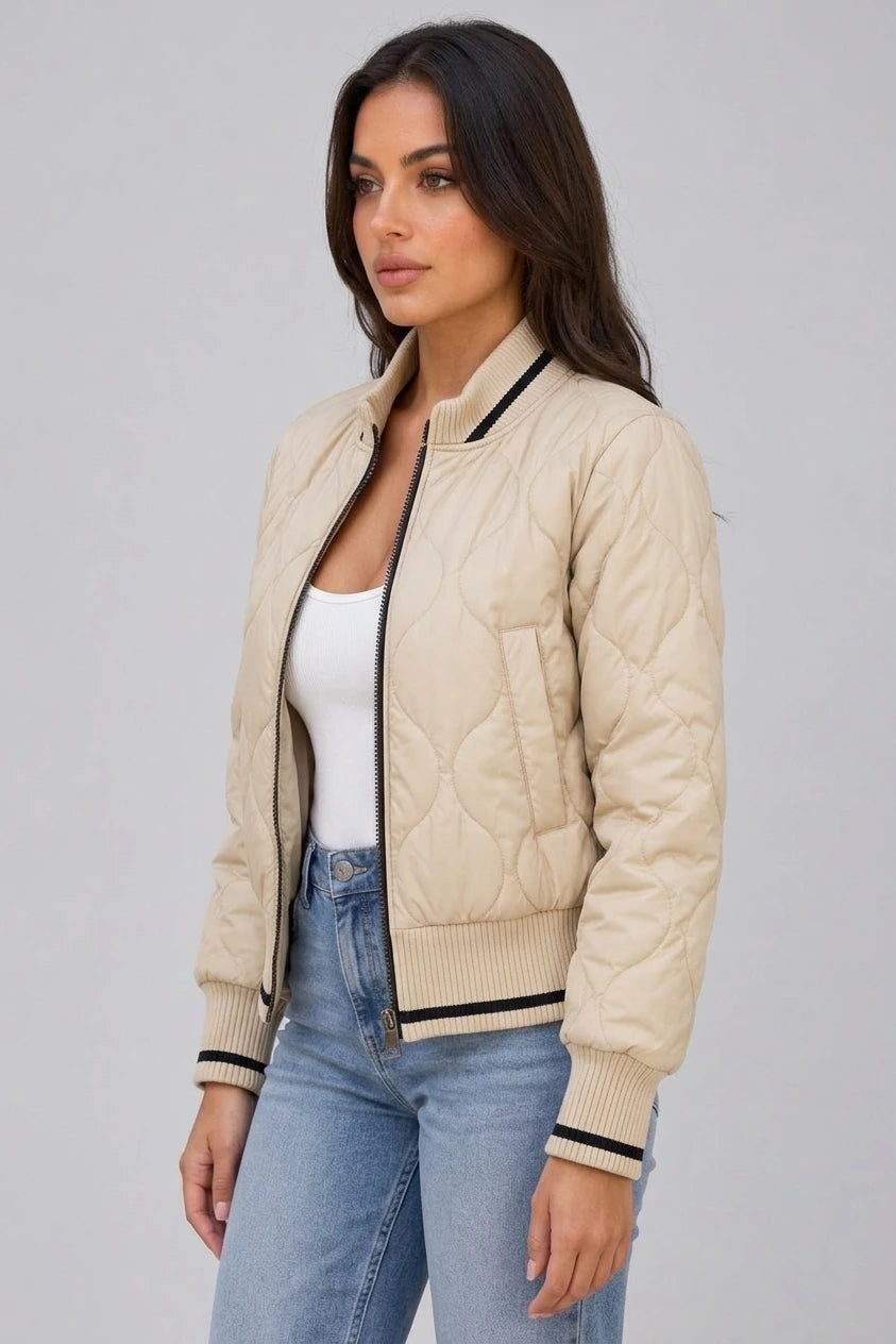 Women’s Quilted Bomber Jacket – Ribbed High Neck Zip-Up Coat — variant_front