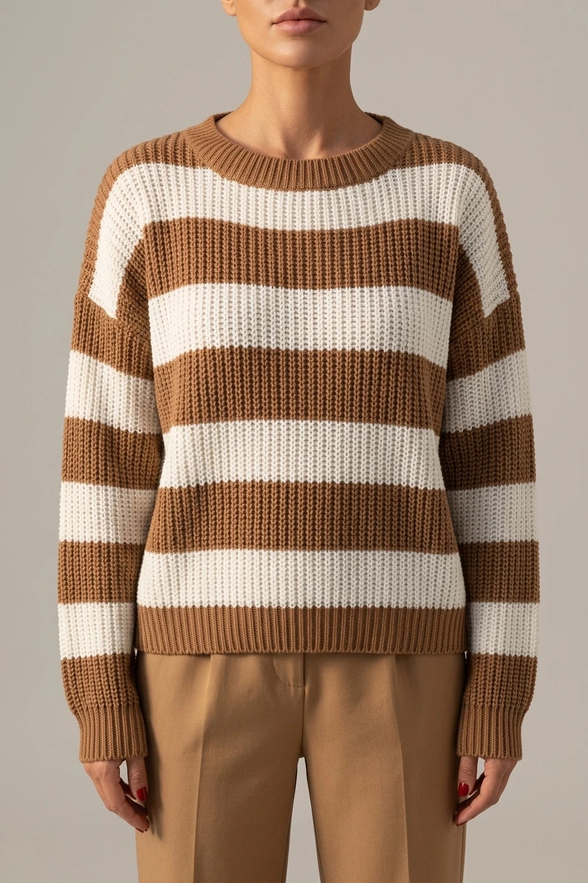 Cosy Striped Knit Sweater with Crew Neck and Ribbed Cuffs — variant_front