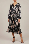Floral Satin Pleated Midi Dress With Wrap Tie Waist V-Neck Long Sleeve
