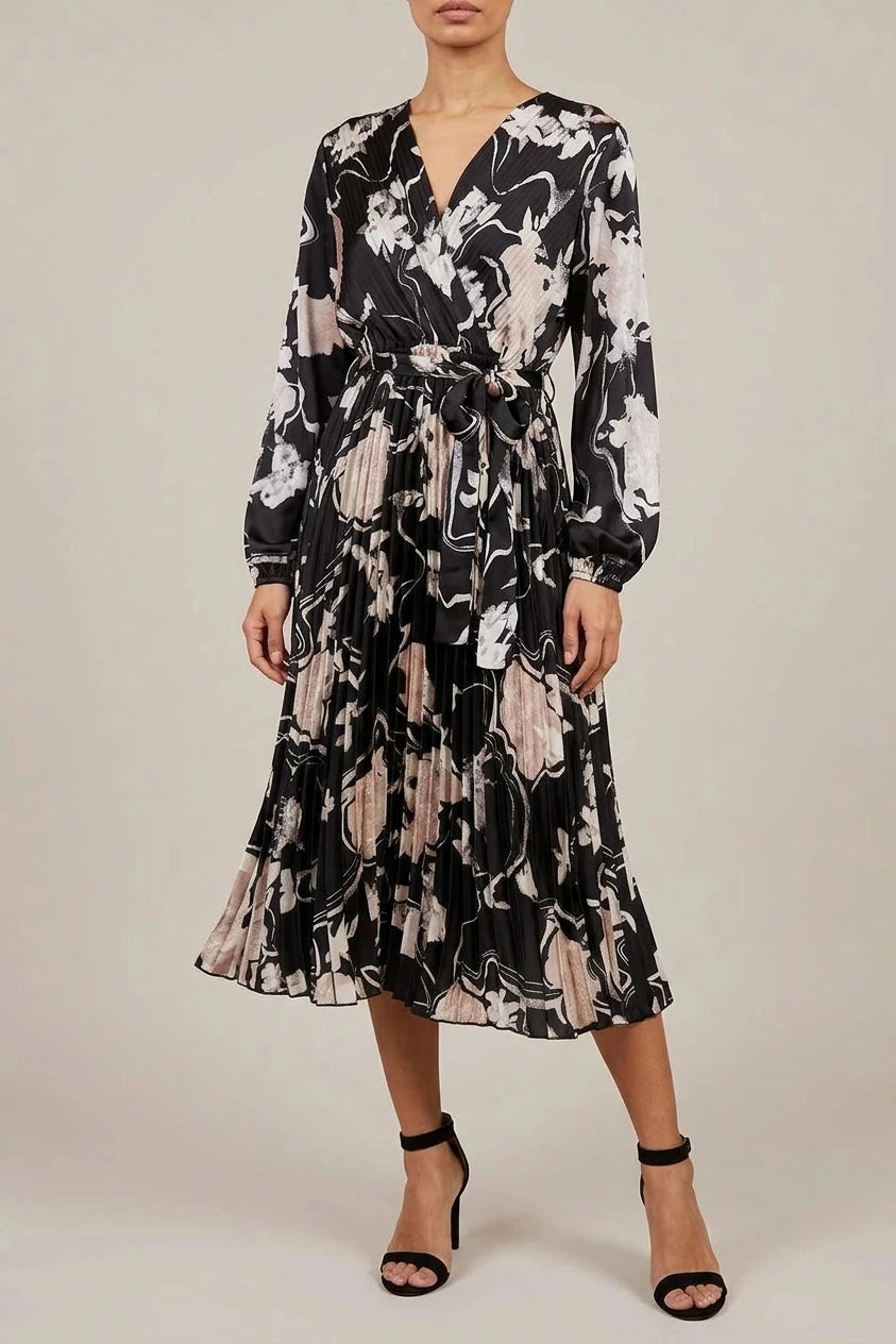 Floral Satin Pleated Midi Dress With Wrap Tie Waist V-Neck Long Sleeve