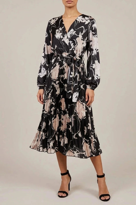Floral Satin Pleated Midi Dress With Wrap Tie Waist V-Neck Long Sleeve