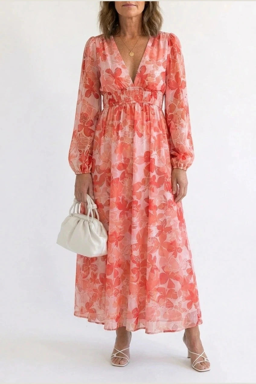 Printed Long Sleeve V-Neck Maxi Dress With Smocked Waist