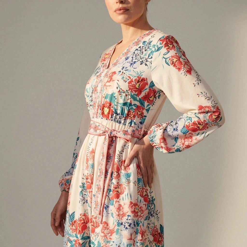 Floral Tie Waist Long Sleeve Short Dress With V-Neck And Pockets