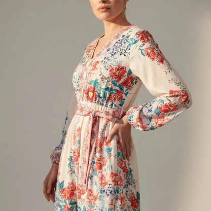 Floral Tie Waist Long Sleeve Short Dress With V-Neck And Pockets