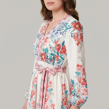 Floral Tie Waist Long Sleeve Short Dress With V-Neck And Pockets