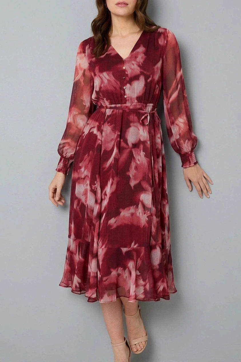 Abstract Floral Semi Sheer Midi Dress V-Neck Tie Waist Long Sleeves