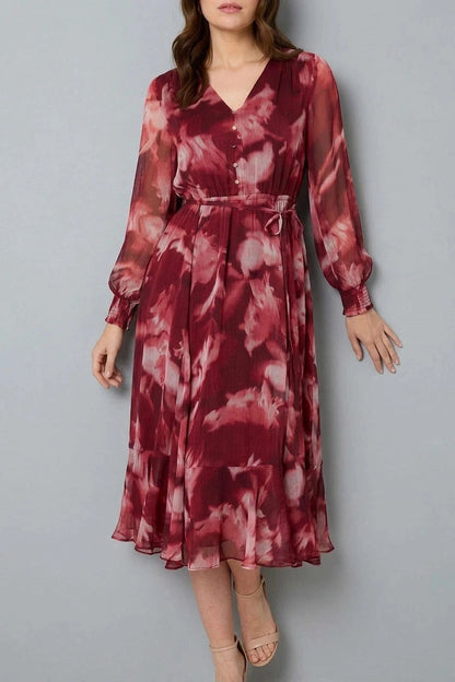 Abstract Floral Semi Sheer Midi Dress V-Neck Tie Waist Long Sleeves