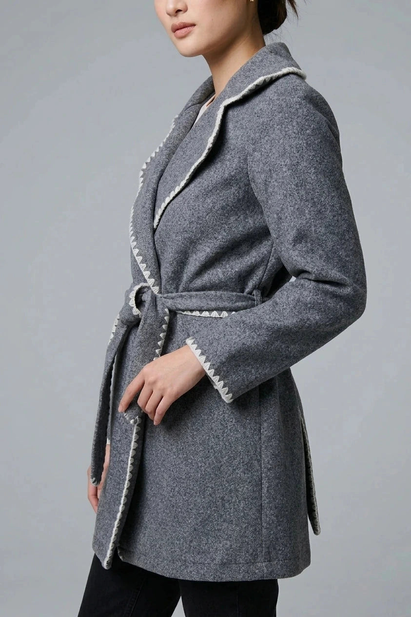 Blanket Stitch Coat With Belt, Notch Collar Tie-Waist Coat