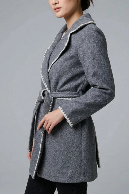 Blanket Stitch Coat With Belt, Notch Collar Tie-Waist Coat