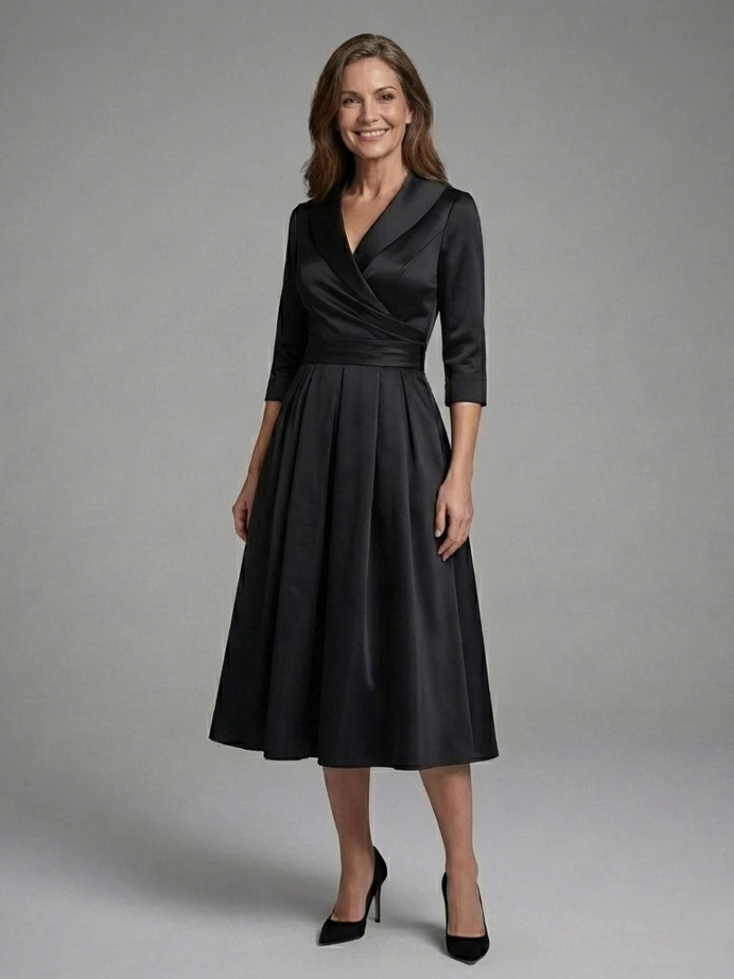 Genevieve | Three-Quarter Sleeve Wrap Bodice Midi Dress